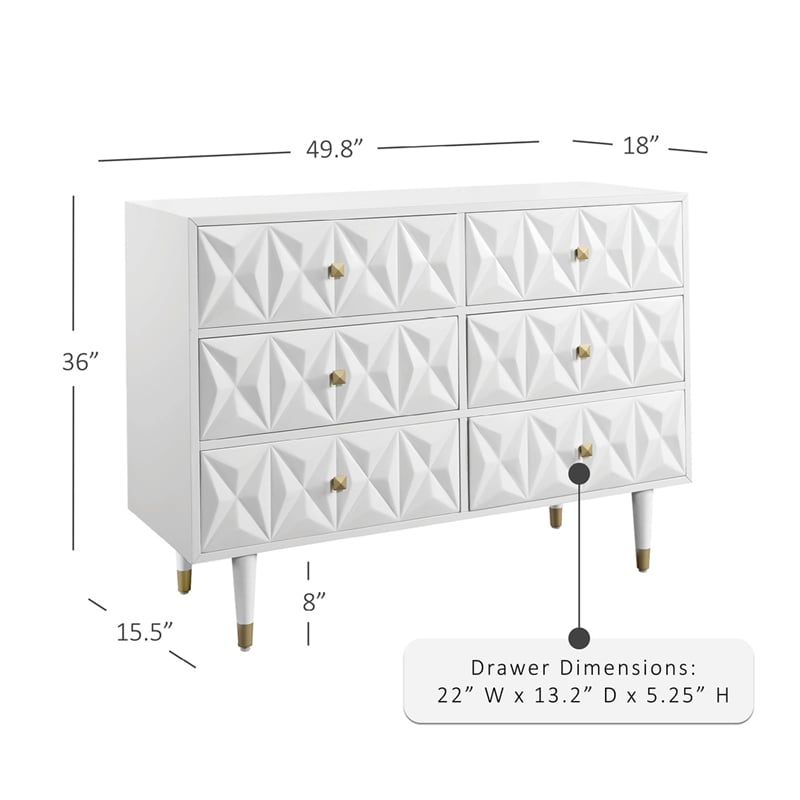 Linon Alick Wood Geo Texture 6 Drawer Dresser with Gold Hardware in Glossy White