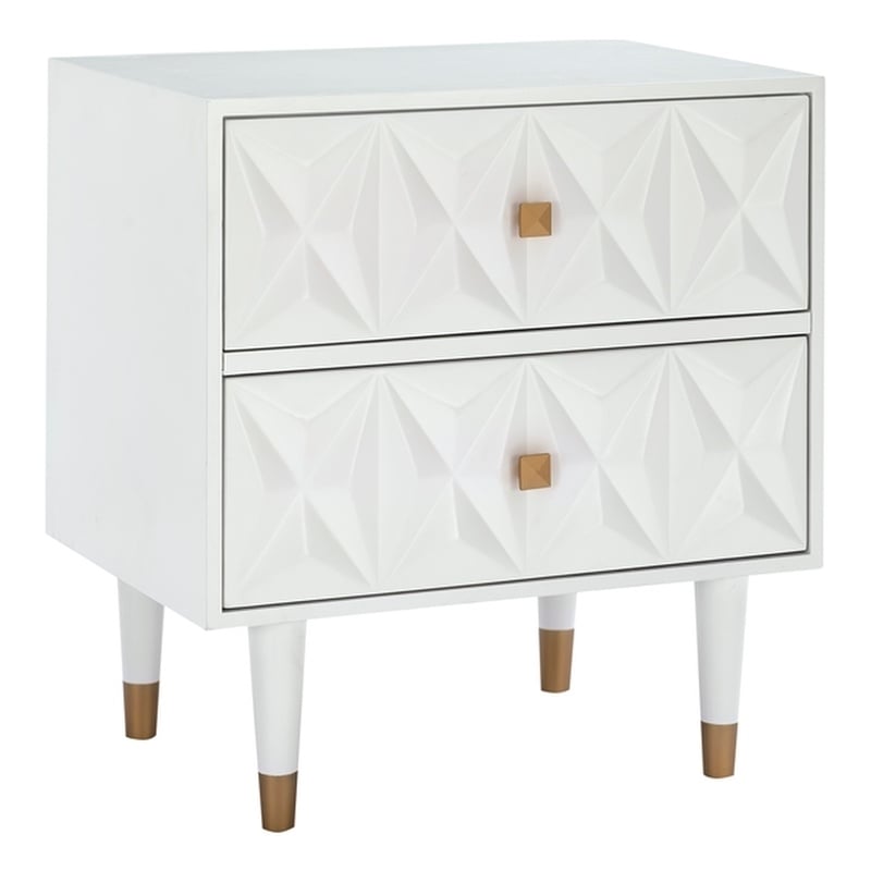 Linon Alick Wood Geo Texture 2 Drawer Nightstand Gold Hardware in Glossy White