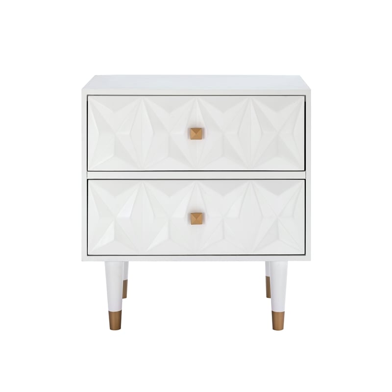 Linon Alick Wood Geo Texture 2 Drawer Nightstand Gold Hardware in Glossy White