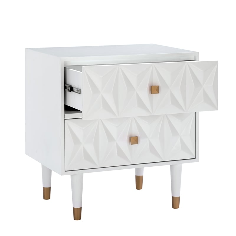 Linon Alick Wood Geo Texture 2 Drawer Nightstand Gold Hardware in Glossy White