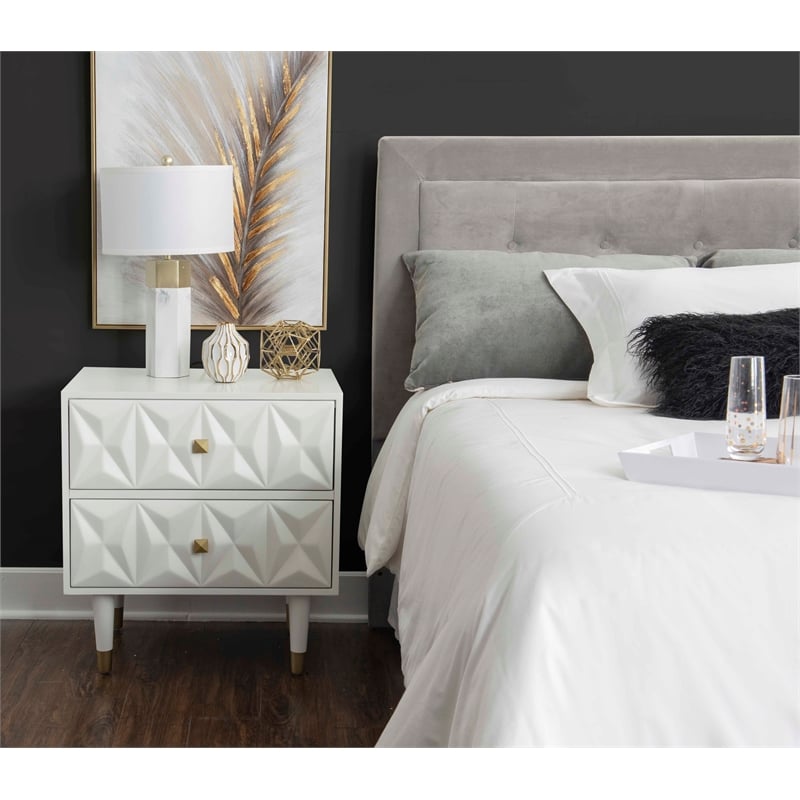 Linon Alick Wood Geo Texture 2 Drawer Nightstand Gold Hardware in Glossy White