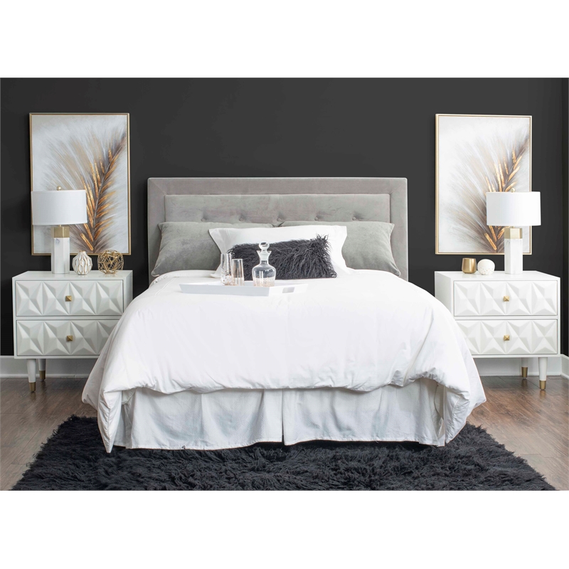 Linon Alick Wood Geo Texture 2 Drawer Nightstand Gold Hardware in Glossy White