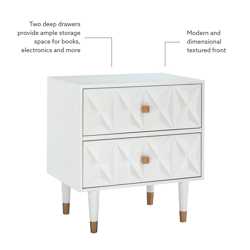 Linon Alick Wood Geo Texture 2 Drawer Nightstand Gold Hardware in Glossy White