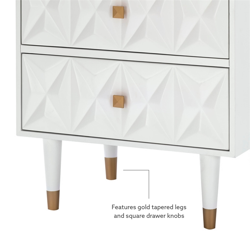 Linon Alick Wood Geo Texture 2 Drawer Nightstand Gold Hardware in Glossy White