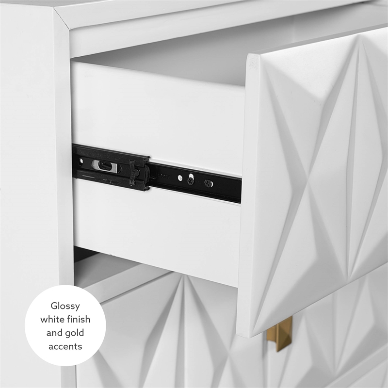 Linon Alick Wood Geo Texture 2 Drawer Nightstand Gold Hardware in Glossy White