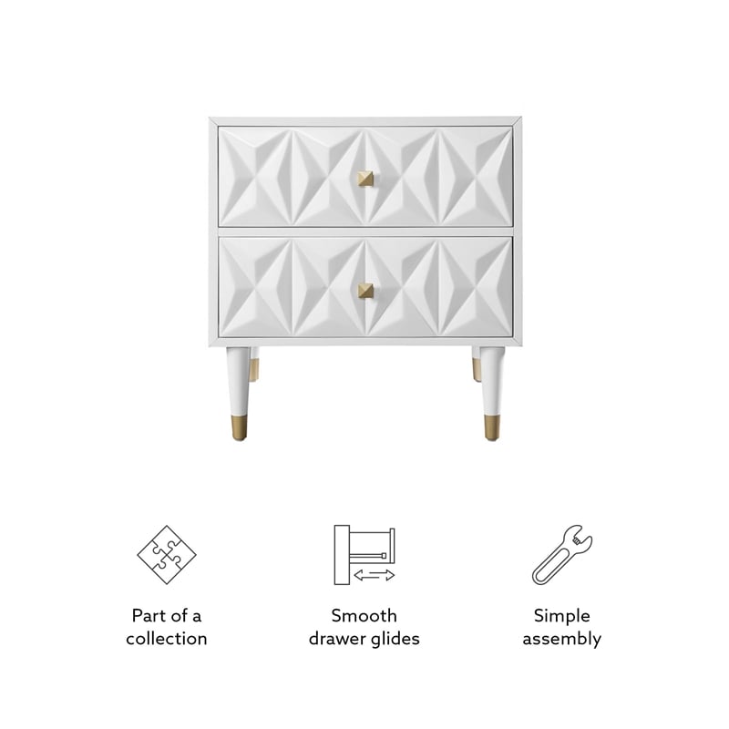 Linon Alick Wood Geo Texture 2 Drawer Nightstand Gold Hardware in Glossy White