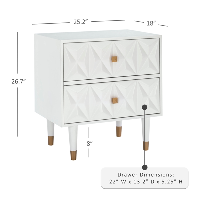 Linon Alick Wood Geo Texture 2 Drawer Nightstand Gold Hardware in Glossy White