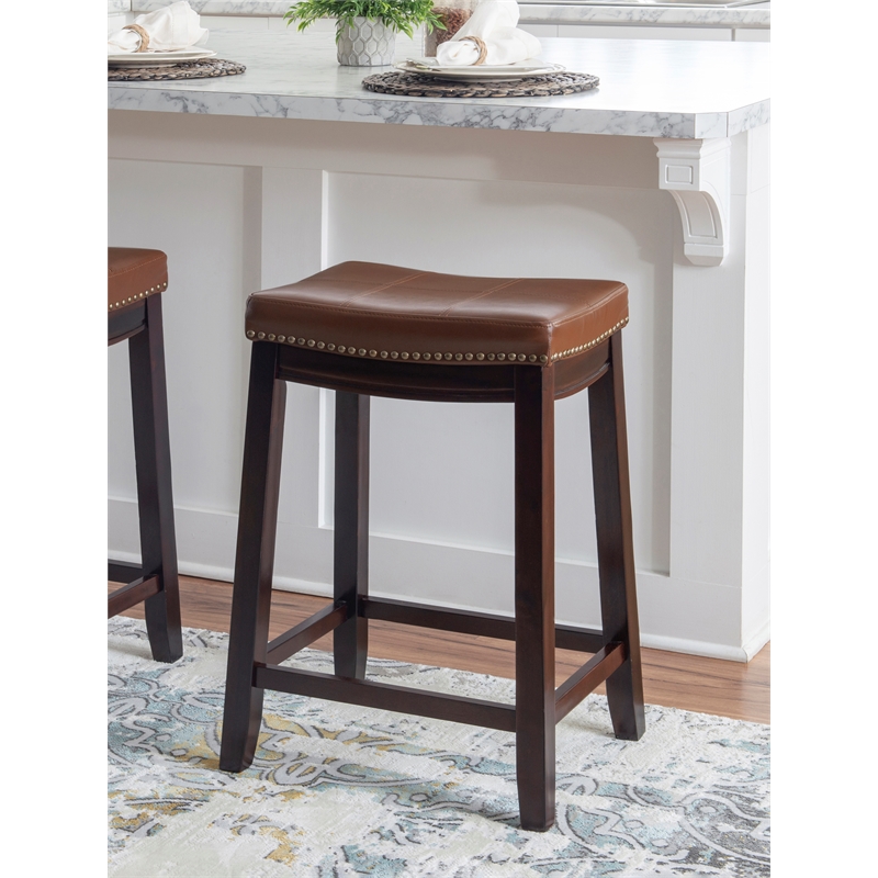 Linon Claridge Backless Counter Stool Cognac Faux Leather Wood Frame in Dk Brown