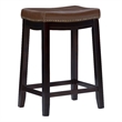 Linon Claridge Backless Counter Stool Cognac Faux Leather Wood Frame in Dk Brown