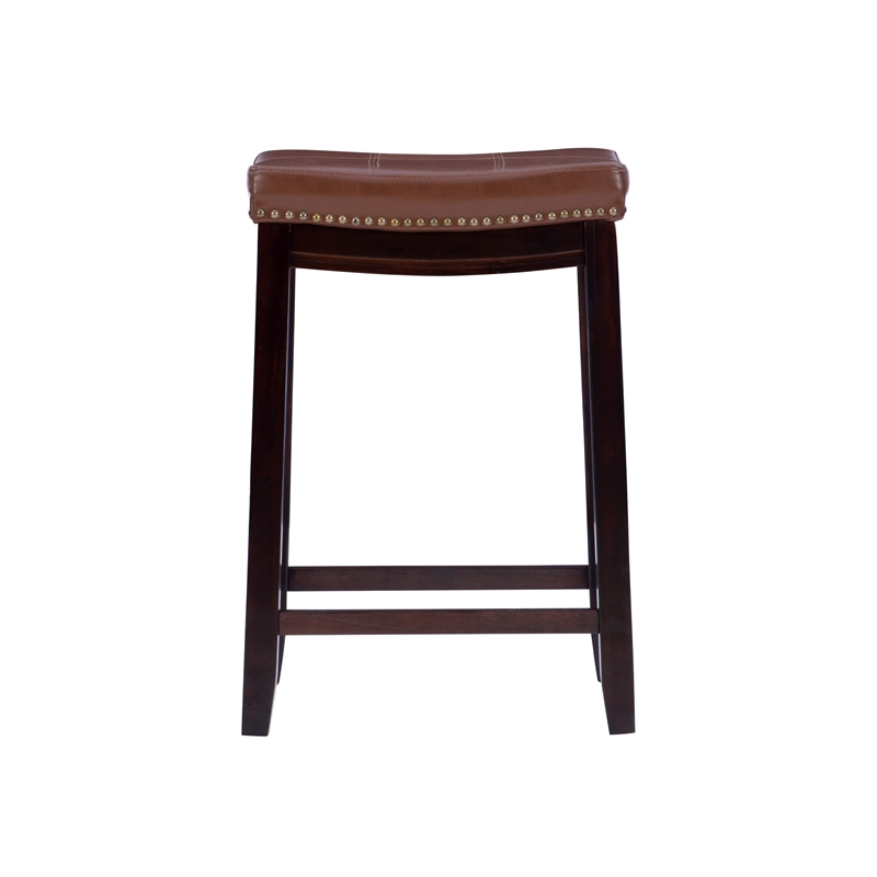Linon Claridge Backless Counter Stool Cognac Faux Leather Wood Frame in Dk Brown