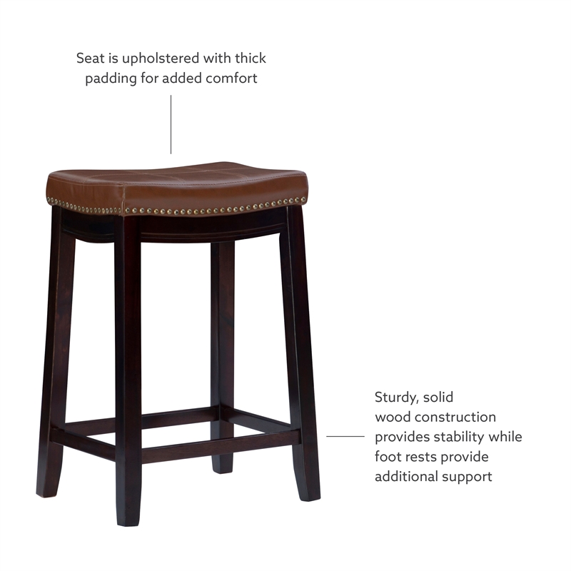 Linon Claridge Backless Counter Stool Cognac Faux Leather Wood Frame in Dk Brown