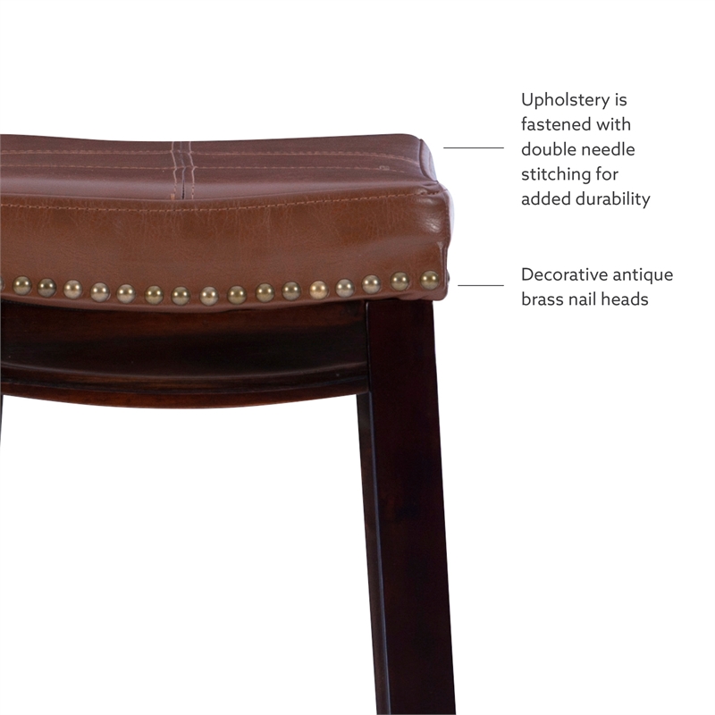Linon Claridge Backless Counter Stool Cognac Faux Leather Wood Frame in Dk Brown