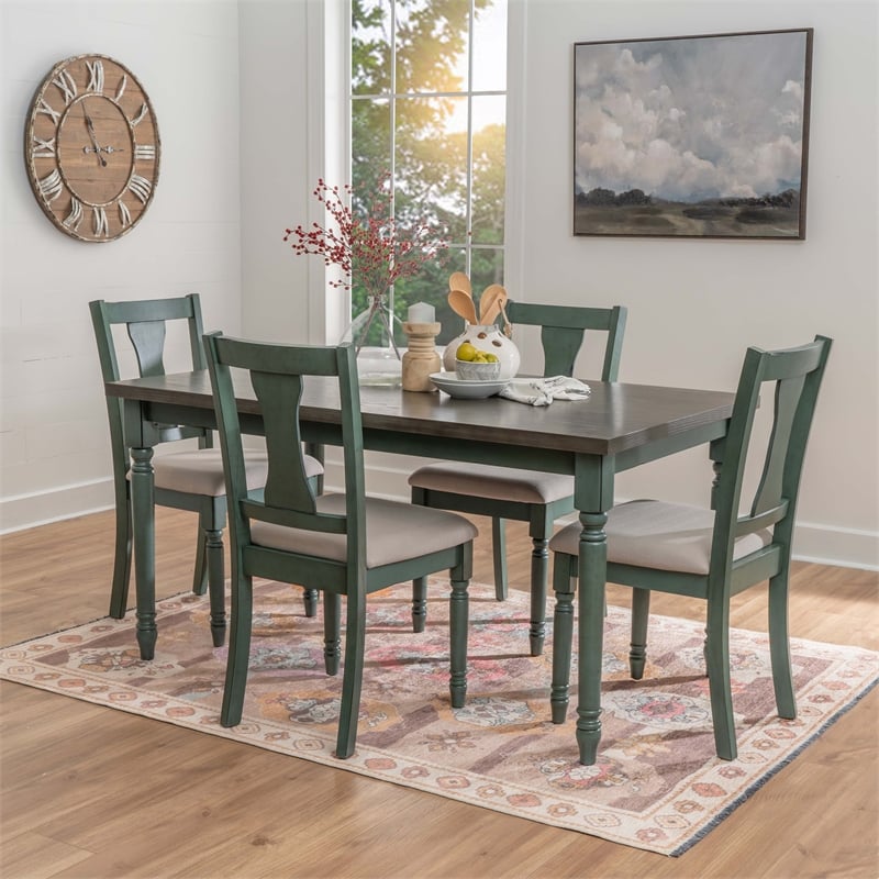 Linon Willow 2 Tone Five Piece Upholstered Dining Set in Teal Blue Wood