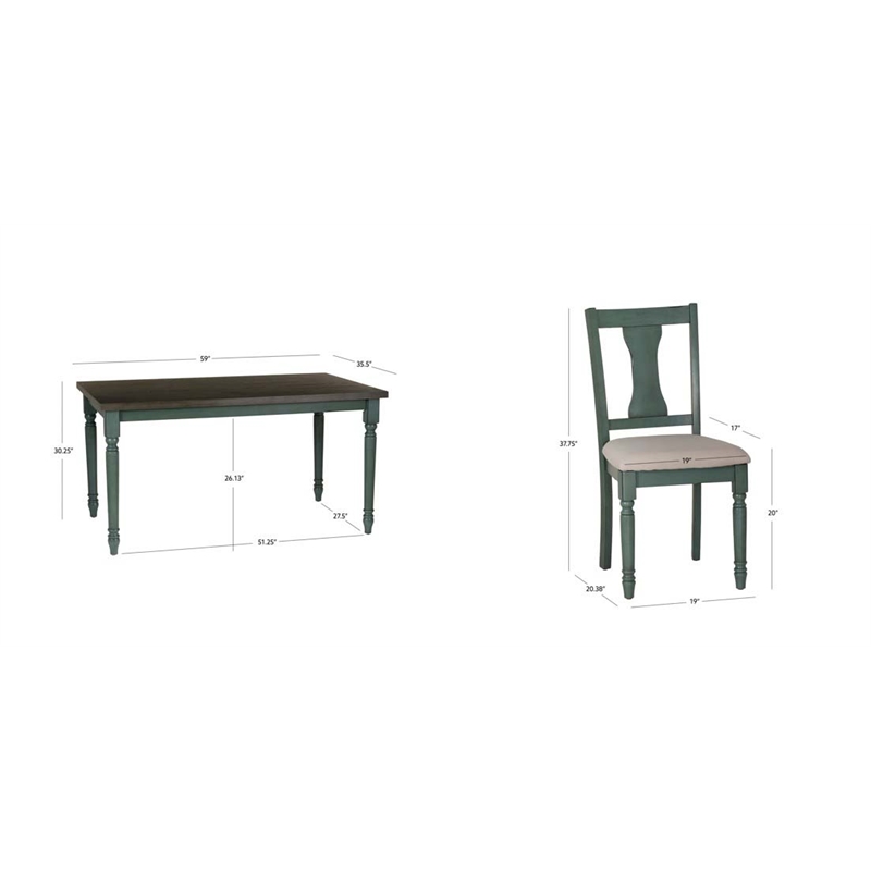 Linon Willow 2 Tone Five Piece Upholstered Dining Set in Teal Blue Wood