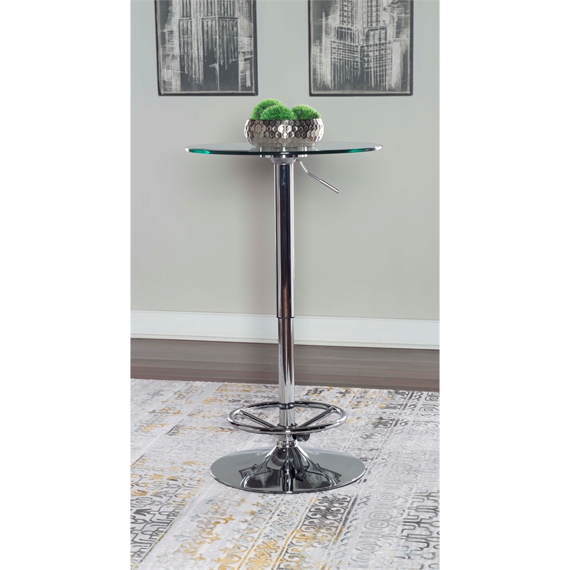 Linon Jolie Steel Base Pub Table Round Glass Top Adjustable Height in Chrome