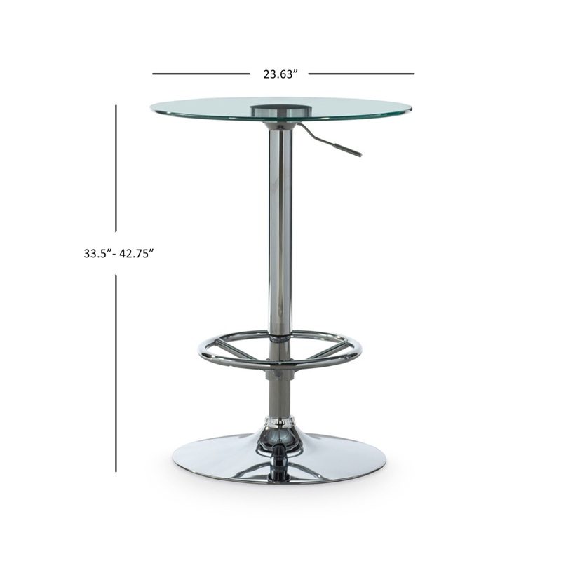 Linon Jolie Steel Base Pub Table Round Glass Top Adjustable Height in Chrome