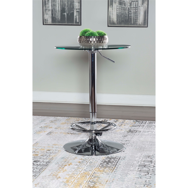 Linon Jolie Steel Base Pub Table Round Glass Top Adjustable Height in Chrome