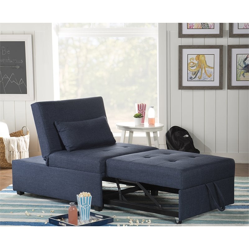 Linon Boone Upholstered Tufted Convertible Chair to Sofa Bed with Pillow in Blue