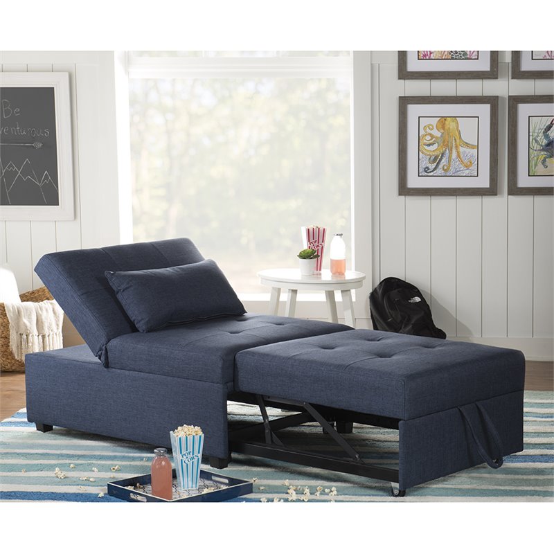 Linon Boone Upholstered Tufted Convertible Chair to Sofa Bed with Pillow in Blue
