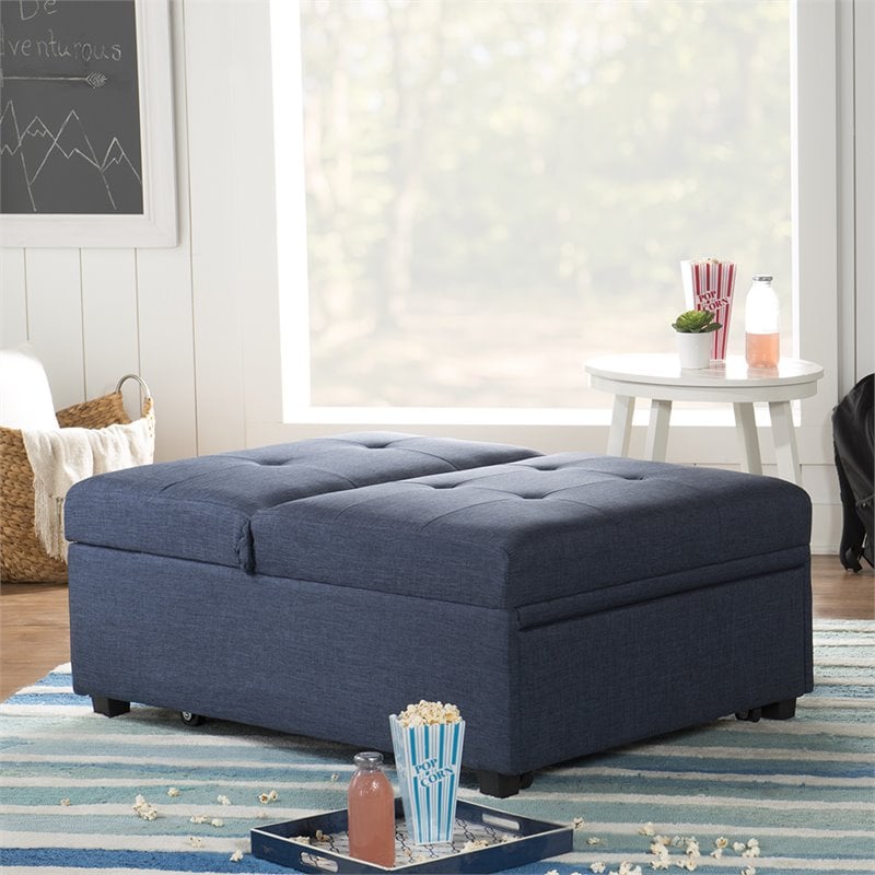 Linon Boone Upholstered Tufted Convertible Chair to Sofa Bed with Pillow in Blue