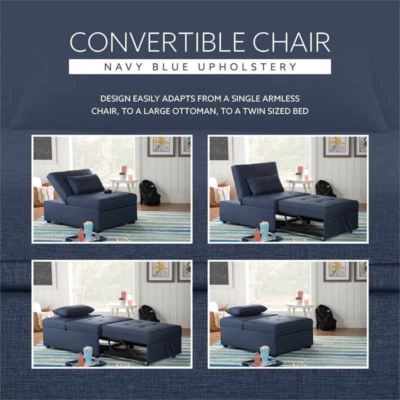 Linon Boone Upholstered Tufted Convertible Chair to Sofa Bed with Pillow in Blue
