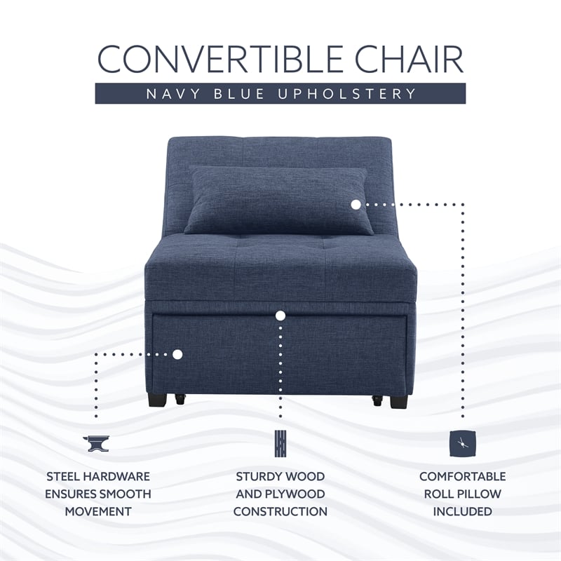 Linon Boone Upholstered Tufted Convertible Chair to Sofa Bed with Pillow in Blue