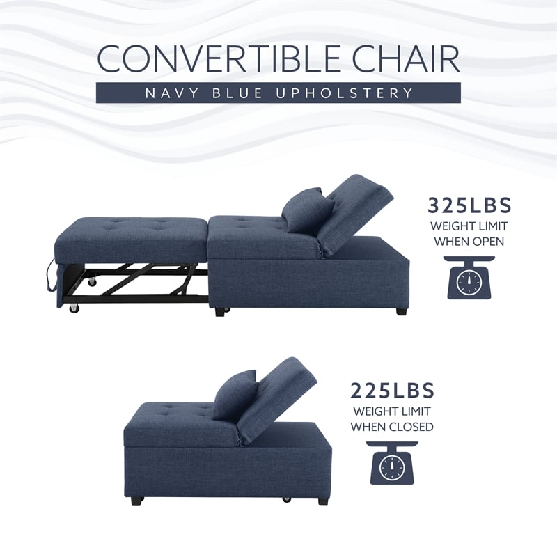 Linon Boone Upholstered Tufted Convertible Chair to Sofa Bed with Pillow in Blue