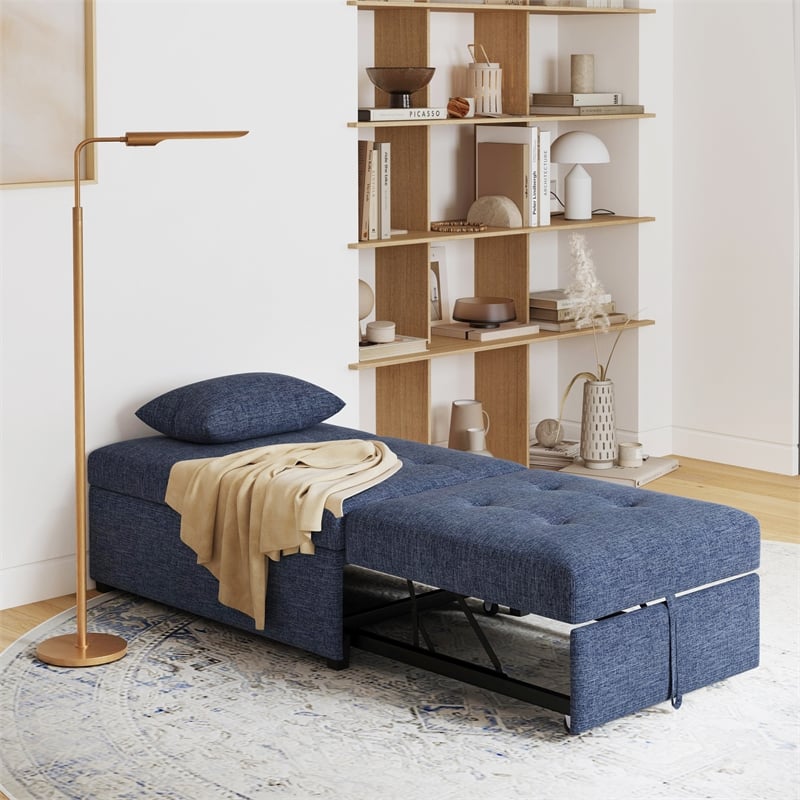 Linon Boone Upholstered Tufted Convertible Chair to Sofa Bed with Pillow in Blue