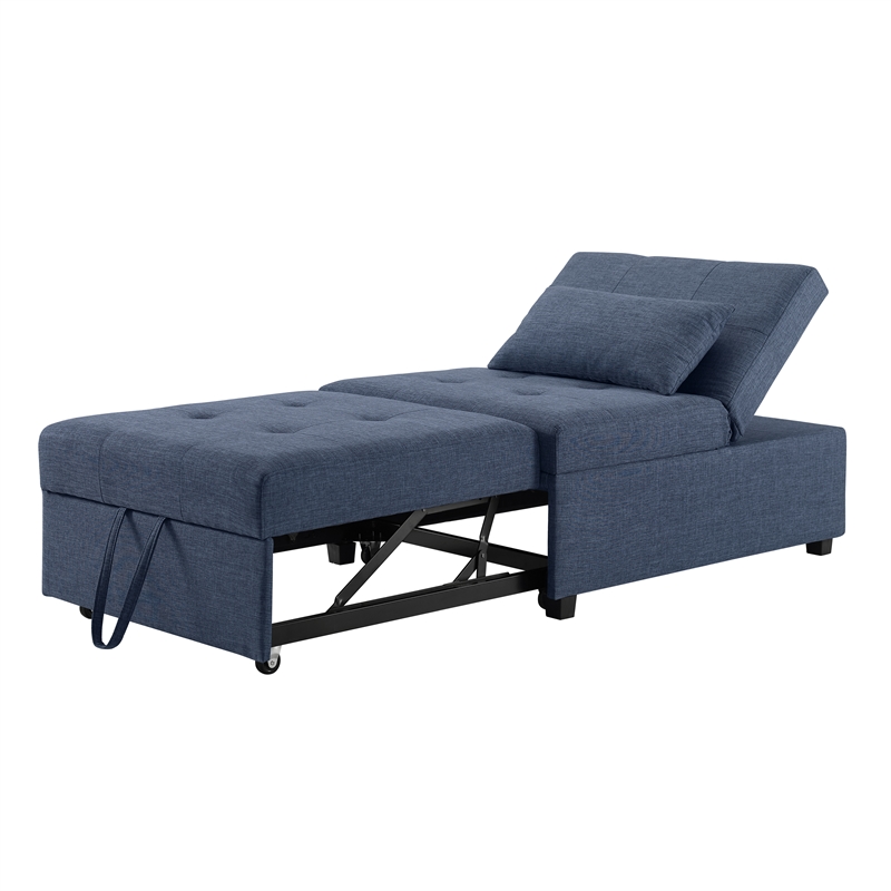 Linon Boone Upholstered Tufted Convertible Chair to Sofa Bed with Pillow in Blue