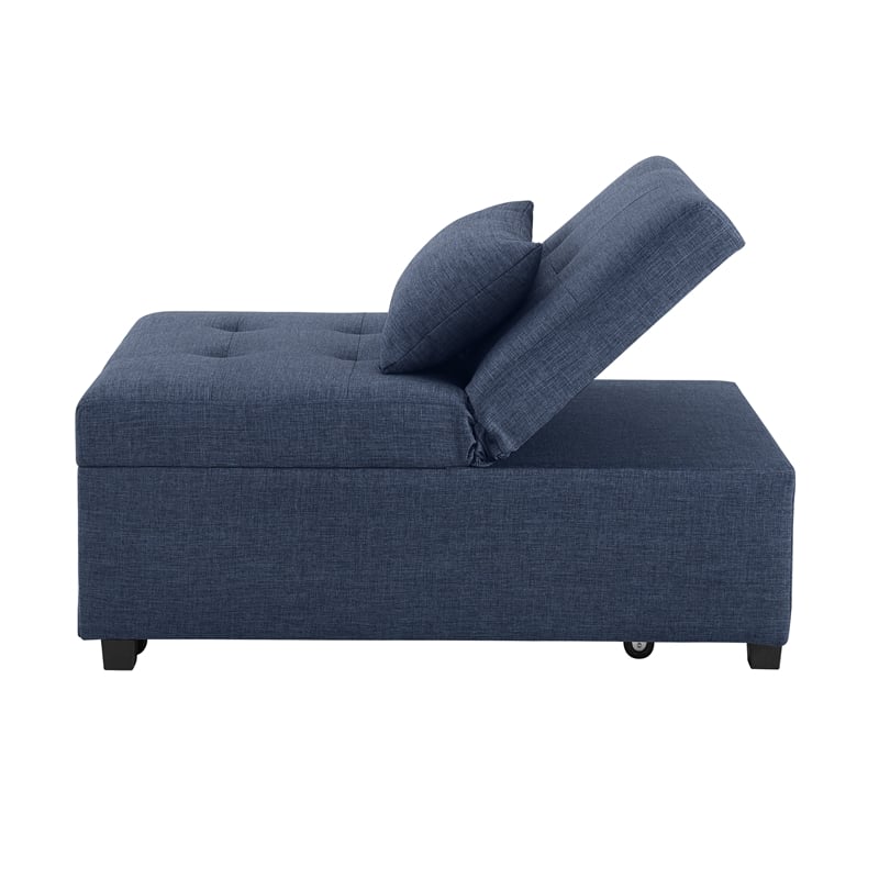 Linon Boone Upholstered Tufted Convertible Chair to Sofa Bed with Pillow in Blue