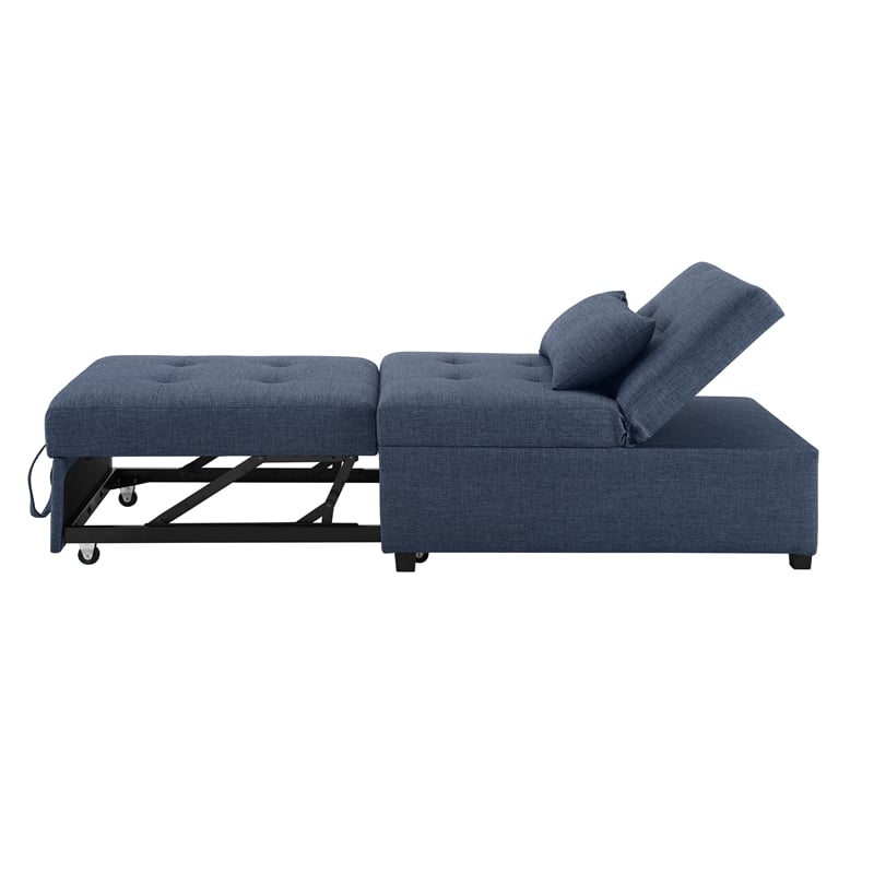 Linon Boone Upholstered Tufted Convertible Chair to Sofa Bed with Pillow in Blue