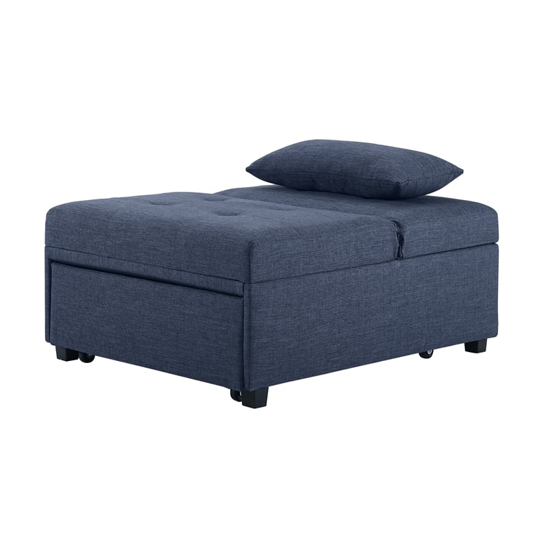 Linon Boone Upholstered Tufted Convertible Chair to Sofa Bed with Pillow in Blue