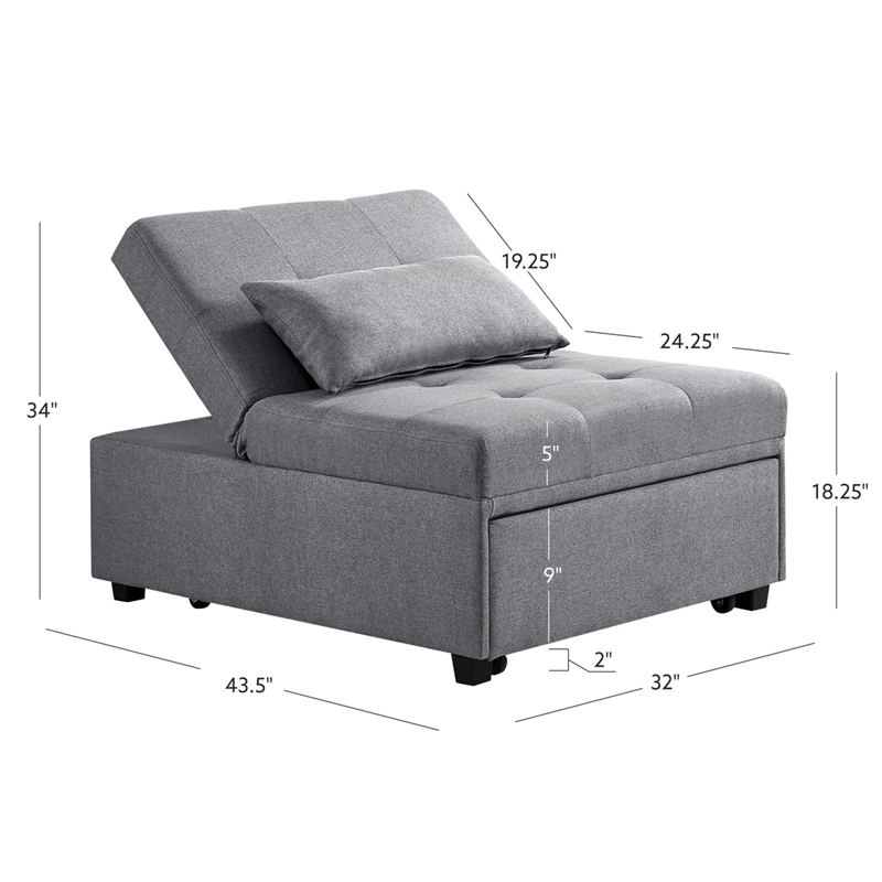 Linon Boone Upholstered Tufted Convertible Chair to Sofa Bed with Pillow in Gray