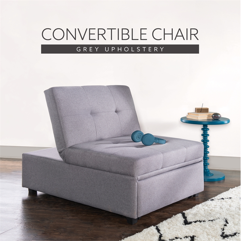 Linon Boone Upholstered Tufted Convertible Chair to Sofa Bed with Pillow in Gray