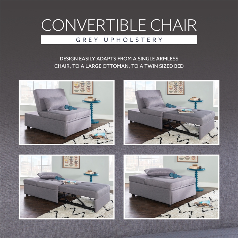 Linon Boone Upholstered Tufted Convertible Chair to Sofa Bed with Pillow in Gray