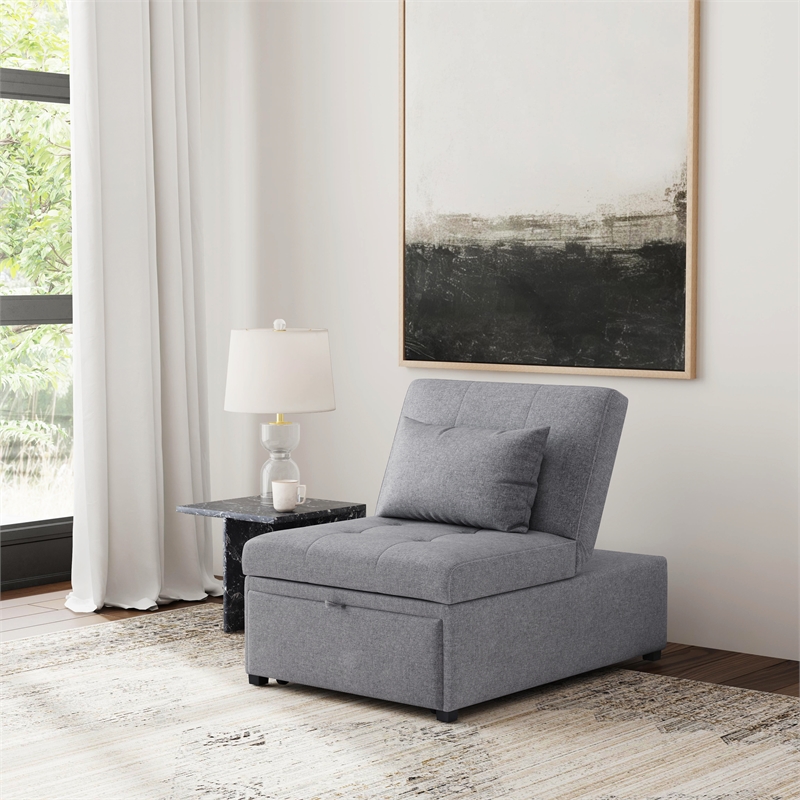 Linon Boone Upholstered Tufted Convertible Chair to Sofa Bed with Pillow in Gray