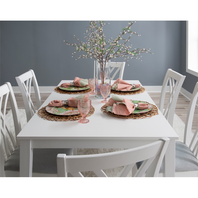 Linon Maggie Seven Piece Dining Set with Upholstered Fabric Seats in White Wood