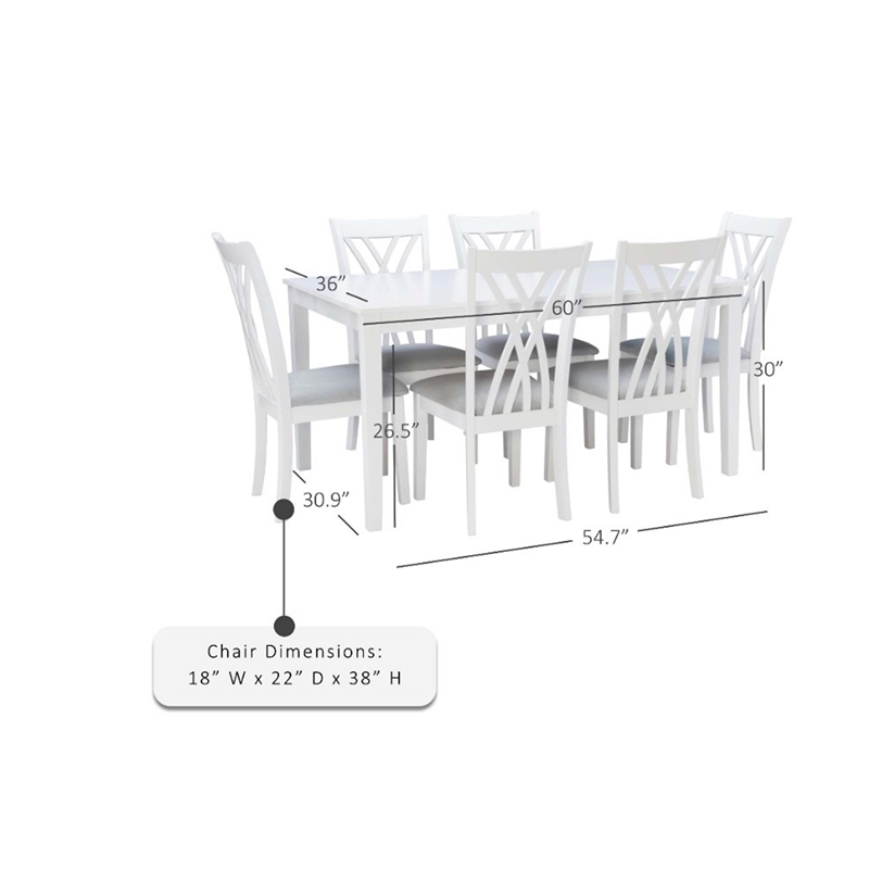 Linon Maggie Seven Piece Dining Set with Upholstered Fabric Seats in White Wood