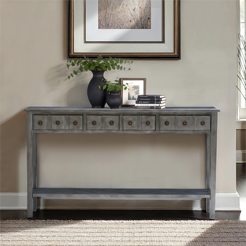 Linon Sadie Long Console Table with 4 Drawers and Shelf in Distressed Gray Wood