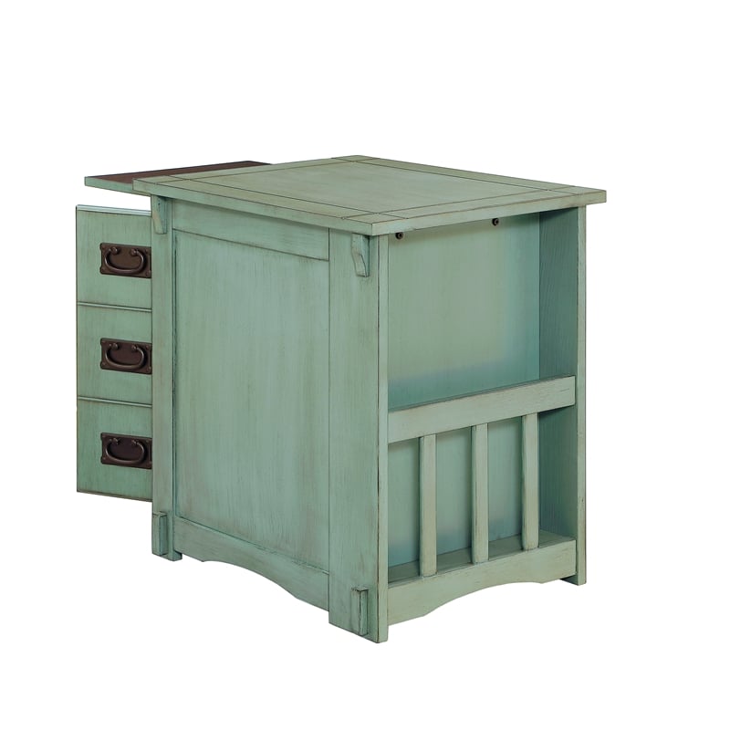 Linon Parnell Storage Side Table/Cabinet with Pull Out Shelf in Teal Wood