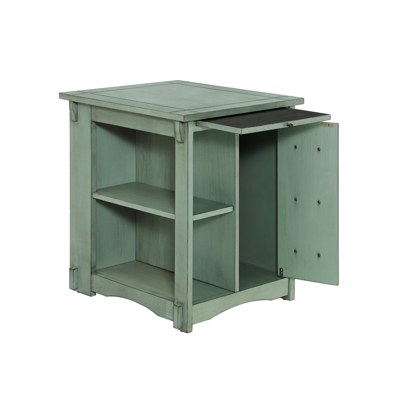 Linon Parnell Storage Side Table/Cabinet with Pull Out Shelf in Teal Wood