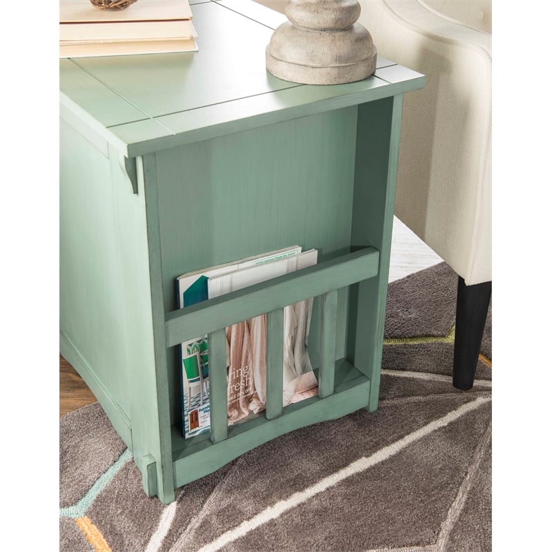 Linon Parnell Storage Side Table/Cabinet with Pull Out Shelf in Teal Wood