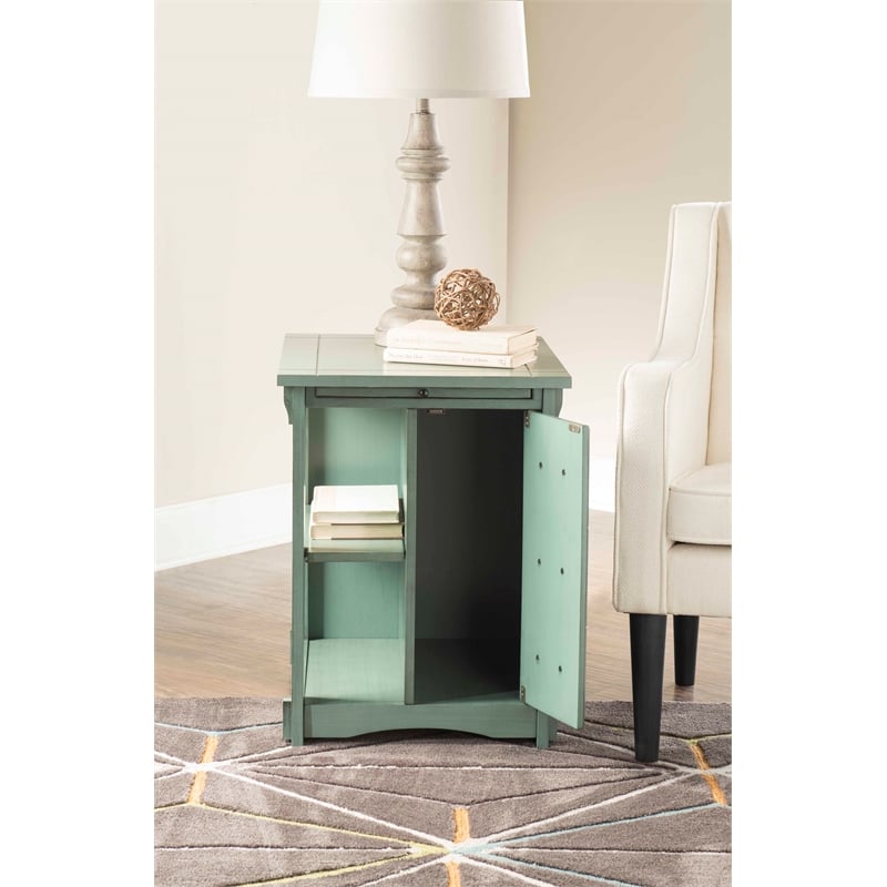 Linon Parnell Storage Side Table/Cabinet with Pull Out Shelf in Teal Wood