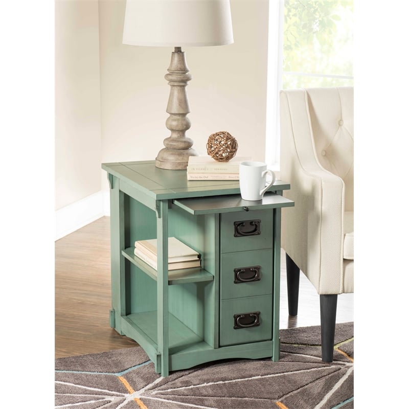 Linon Parnell Storage Side Table/Cabinet with Pull Out Shelf in Teal Wood