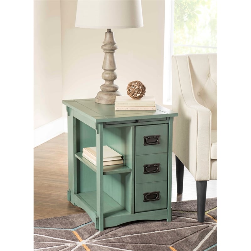 Linon Parnell Storage Side Table/Cabinet with Pull Out Shelf in Teal Wood