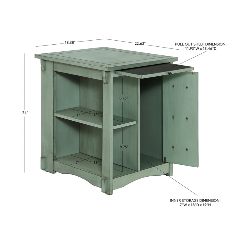 Linon Parnell Storage Side Table/Cabinet with Pull Out Shelf in Teal Wood