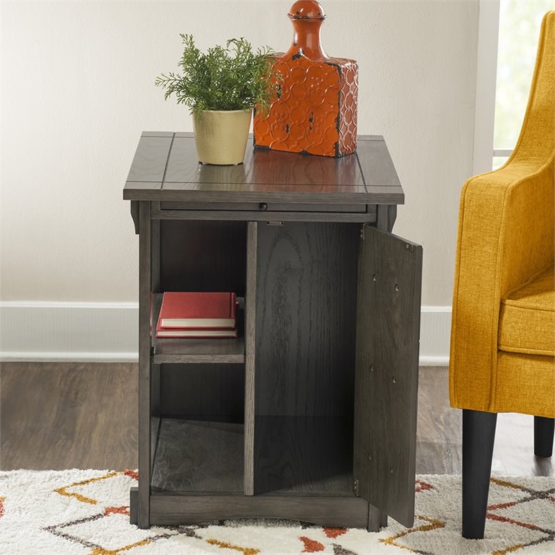 Linon Parnell Storage Side Table/Cabinet with Pull Out Shelf in Gray Wood
