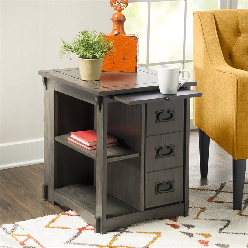 Linon Parnell Storage Side Table/Cabinet with Pull Out Shelf in Gray Wood