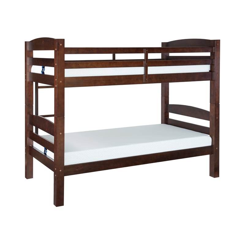 Linon Levi Twin over Twin Bunk Bed with Attached Ladder in Espresso Pine Wood