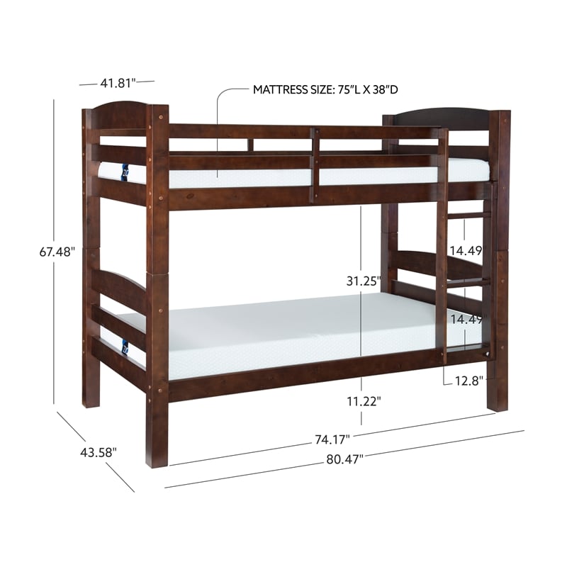 Linon Levi Twin over Twin Bunk Bed with Attached Ladder in Espresso Pine Wood